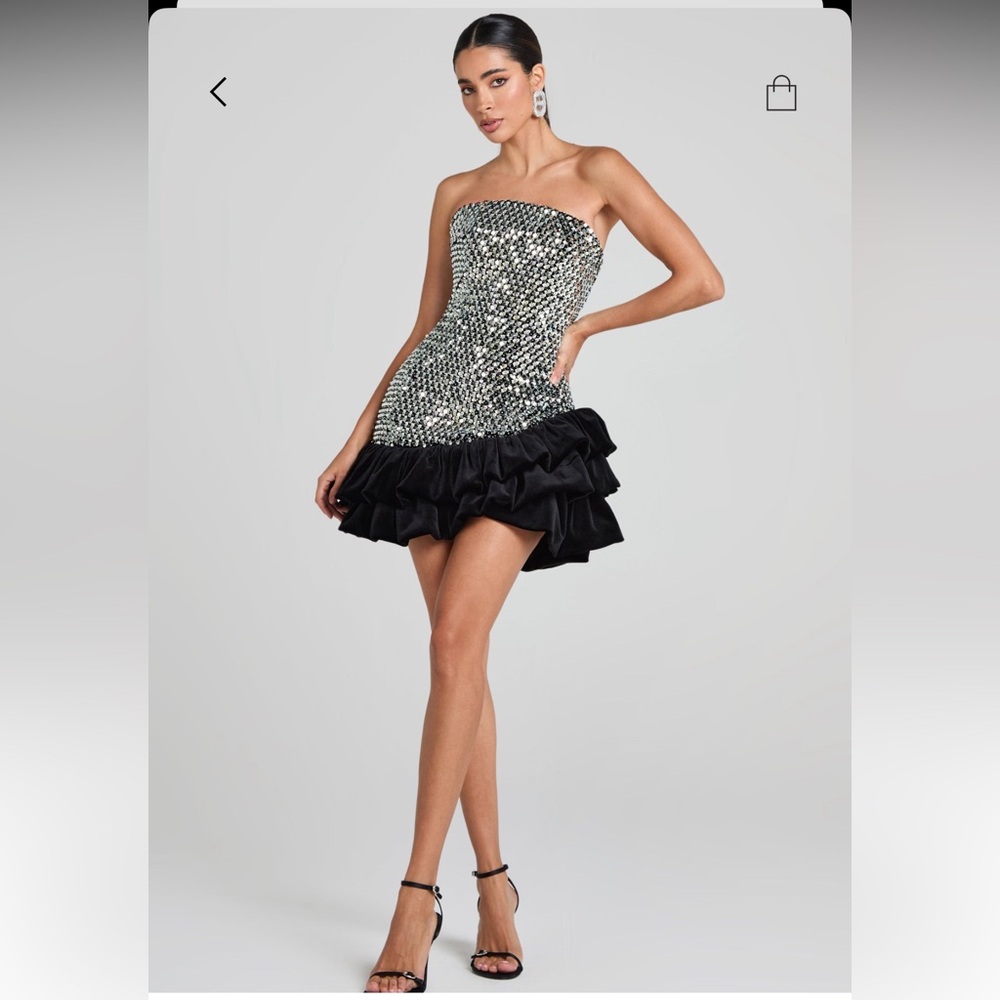 NADINE MERABI Black and Silver Strapless Mini Dress